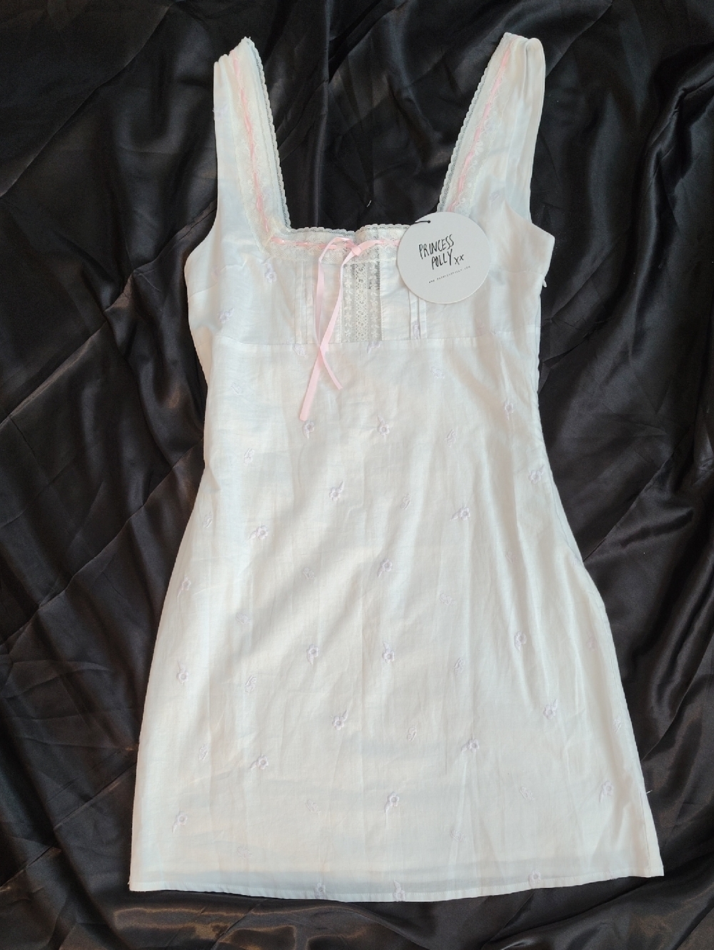 Princess Polly White Cotton Dress with Pink Ribbon Trim
